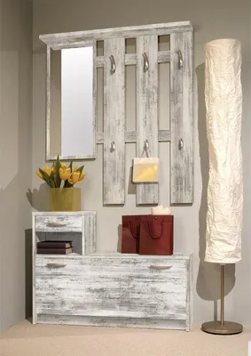 Produktbild von Garderobe - Standgarderobe mit Spiegel, Schuhschrank und Haken, Eiche Antik/Weiß, Platz für 10 Paar Schuhe, 100x191x25 cm "Selene IV"