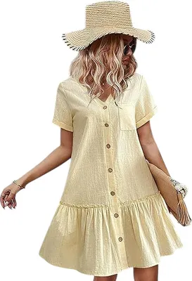 Produktbild von ASKSA Damen Sommerkleid Button Down Leinenkleid Strandkleid Casual V-Ausschnitt Minikleid Kurzarm A-Linie Kleid Rueschenumschlag Kleider (Gelb,L)