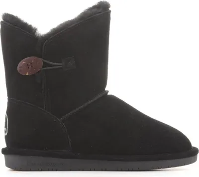 A black boot with a button closure is shown against a white background.