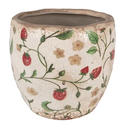 Produktbild von Clayre & Eef Blumentopf Ø 14x14 cm Beige Rot Keramik Erdbeeren
