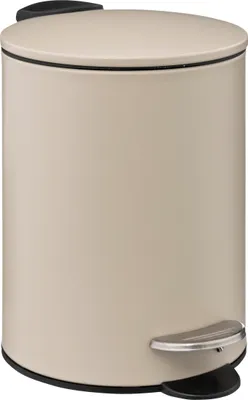 A beige pedal bin with a silver pedal and a black lid.