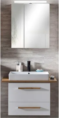 Produktbild von Badmöbel Waschplatz Set in weiß mit Landhaus Eiche DABO-04 mit Keramik-Waschtisch & LED-Spiegelschrank, B/H/T 82/200/50 cm