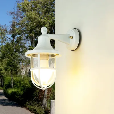Produktbild von Außenwandleuchte Weiß H: 27 cm HausGarten Glas Echt-Messing IP64 Maritim E27 Wandlampe Außenleuchte