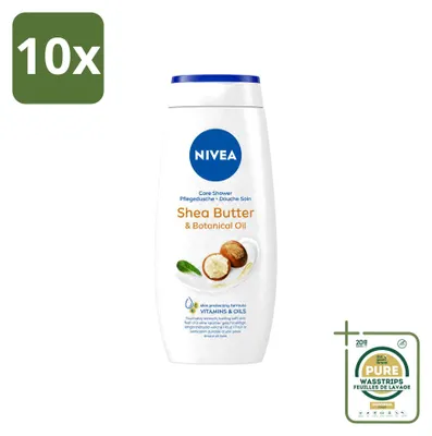 Imagen del producto de 10 unidades de gel de ducha Nivea, con manteca de karité y aceite botánico, 250 ml. Pack ahorro