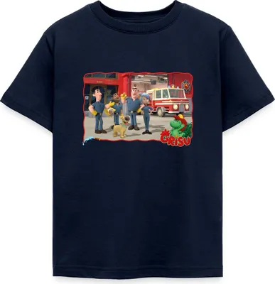 Produktbild von Spreadshirt Grisu Der Kleine Drache Mit Feuerwehr Und Hund Stuffy Kinder T-Shirt, 122/128 (7-8 Jahre), Navy