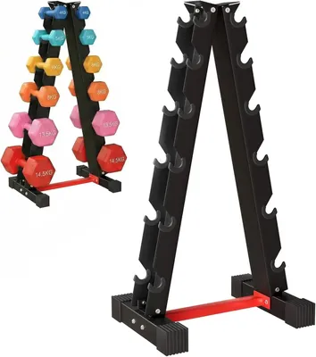 Produktbild von Kurzhantelständer 6 Ebenen - Hantelablage fürs Home Gym - Für Kurzhanteln bis 300 kg - Titanstahl - Platzsparendes Gewichtestativ - Rot