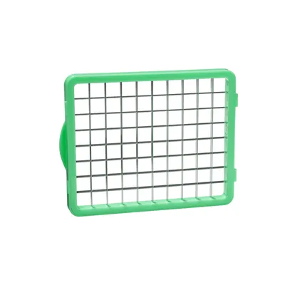 A close-up, studio shot of a green and gray vegetable dicer insert against a white background.