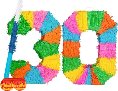 Produktbild von Fax Potato Pinata-Set zum 30. Geburtstag mit Stock und Augenbinde – blauer Stock