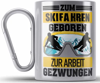 Produktbild von Trendation - Ski Fahren Edelstahl Tasse Karabiner Geschenk Skifahrer Geschenk Edelstahl Tasse Karabiner Lustig für Männer Frauen Skifahren Witz Spruch Sprüche (Silber)