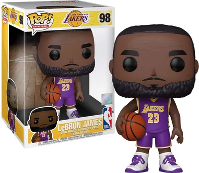A Funko Pop! vinyl figure of LeBron James in his Los Angeles Lakers uniform, shown both inside its packaging and outside.
