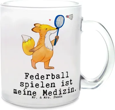 Produktbild von Mr. & Mrs. Panda Häferl Fuchs Federball spielen - Transparent - Geschenk, Teeglas, Haferl, Teetasse aus Glas, Badminton, Tee Tasse
