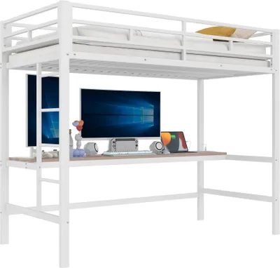 Produktbild von Jugendbett 90x200 cm ohne Matratze Weiss Metall Funktionsbett Metallbett Einzelbett Gaestebett Hochbett GelaenderTrittleiter USBnSteckdose