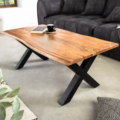 Produktbild von riess-ambiente Massivholz Couchtisch MAMMUT 120cm Akazie Honey Finish X-Gestell schwarz 2,5cm Tischplatte Beistelltisch Tisch