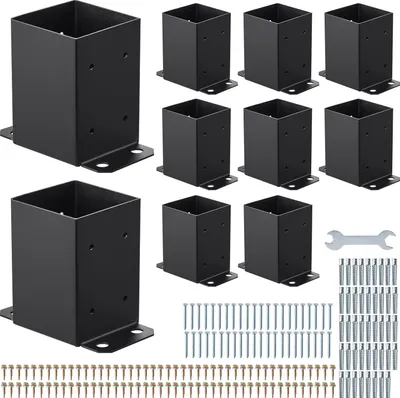 Obrázok produktu pre VEVOR 4x4 skrutkovacia objímka, 10 ks, vnútorné rozmery 91,44 x 91,44 mm, podpera stĺpika, zemniaca objímka z uhlíkovej ocele, drevené držiaky stĺpika pre zábradlie na terasy altánkov, podperná základová doska na terasu, čierna