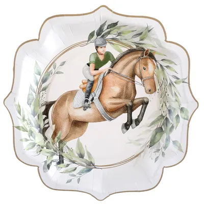 Produktbild von Pappteller mit Pferde Springreiten Motiv, außergewöhnliche Form, 21 x 21 cm