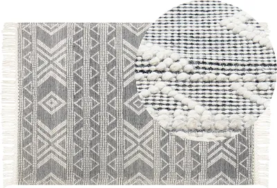 Zdjęcie produktu dla BELIANI Dywan biało-czarny wełniany 160 x 230 cm styl Boho wzór geometryczny z frędzlami do salonu sypialni