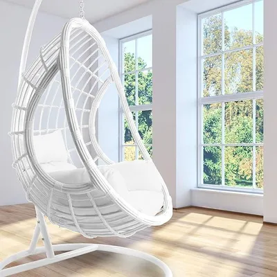 Produktbild von Komplettset: weißer Hängesessel mit Gestell & Kissen, Schwingsessel, Poly-Rattan, Loungemöbel, Lounge weiß