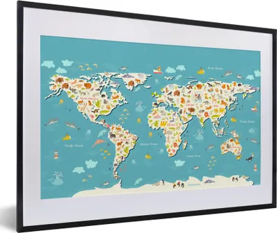 Produktbild von MuchoWow® Gerahmtes Poster Weltkarte - Kinder - Tiere - Kinder - Jungen - Mädchen 60x40 cm - Poster mit Schwarzem Bilderrahmen Wandposter Rahmen Foto Bilder - Schlafzimmer - Plakat in Rahmen - Drucken