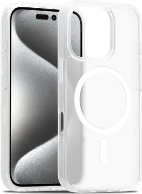 A clear, studio shot of a transparent phone case with a MagSafe ring, placed next to a phone.