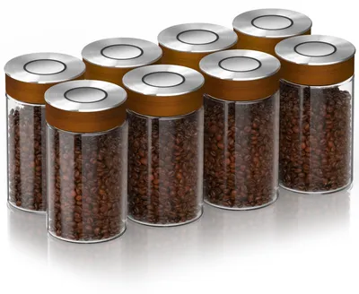 Productafbeelding van Arendo voorraadpotten, set van 8, elk 1000 ml, gemaakt van borosilicaatglas met een luchtdichte vacuüm-klikdeksel. RVS-deksel met siliconenafdichting. Voorraadcontainers, 8 stuks, transparant