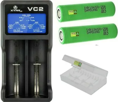 Produktbild von XTAR USB-Ladegerät VC2 LC-Display  Li-Ion  + 2 Samsung 2500 mAh 25R Akku 18650 + Box