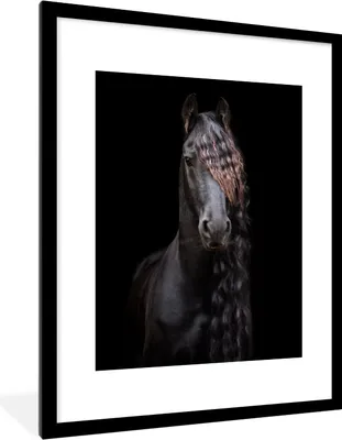 Produktbild von MuchoWow® Gerahmtes Poster Pferde - Friesisch - Mähne - Schwarz - Tiere 60x80 cm - Poster mit Schwarzem Bilderrahmen Wandposter Rahmen Foto Bilder - Wohnzimmer - Dekorationen - Prämie
