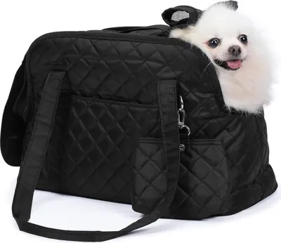 Produktbild von HAPPY HACHI Tragetasche Hund und Katzen, Hundetasche für Kleine Hunde mit Schultergurt und Fleece Matte, Tragbare Gepäckträger Mesh Atmungsaktiv Katzentragetasche bis 7 kg (Schwarz)