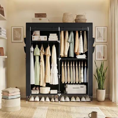 Produktbild von SONGMICS Stoffschrank mit Kleiderstange, Kleiderschrank mit Seitentaschen, Schrank für Schlafzimmer, 3 Hängefächer, schwarz