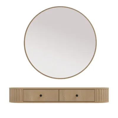 Produktbild von AX LIVING Schminktisch Halay Eiche Cremona 2 Schubladen mit runden Kanten + Rund Spiegel 100 cm