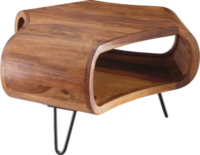 Produktbild von WOHNLING Couchtisch WL5.603 Sheesham massiv Holz 55 x 55 x 38 cm Ablage & Metallgestell Retro Wohnzimmertisch Massivholz braun Sofatisch modern