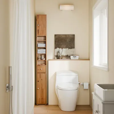 A bathroom scene with a toilet, a tall wooden cabinet, and a shower curtain.