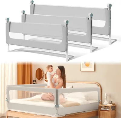 Zdjęcie produktu dla Barierka ochronna do łóżka i łóżka z materacem sprężynowym, 150 cm, regulowana wysokość (72-86 cm), składana o 180 stopni, oddychająca siatka, łatwy montaż, kolor: szary