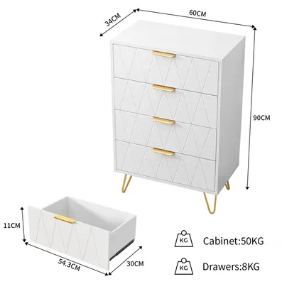 Image de Commode/buffet - Quatre tiroirs - Structure en bois - Style moderne et minimaliste - Pour le salon, la chambre à coucher, l'entrée - Blanc