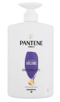A white bottle of Pantene Pro-V Extra Volume shampoo with a purple label.