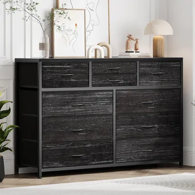 Image de Commode en tissu avec 10 tiroirs, structure en acier, plateau en bois, couleur noire