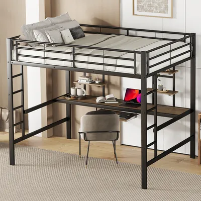 Obrázek produktu pro STILVORA Patrová postel 140 x 200 cm, kovová postel s ochrannou zábranou, dětská a mládežnická postel s psacím stolem, černá (bez matrace)