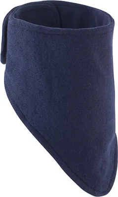 A navy blue neck warmer is shown against a white background.