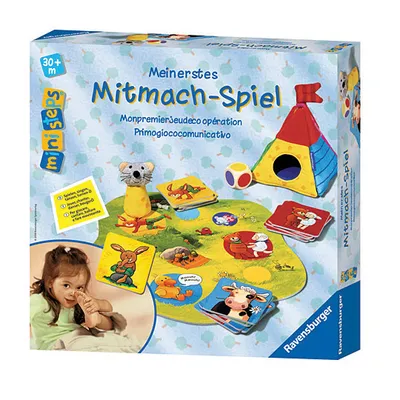 A product box for a children's board game, showing game components and a child playing.