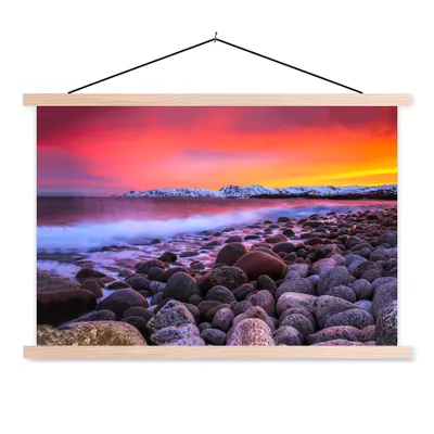 Produktbild von MuchoWow® Textilposter Sonne - Steine - Schnee - Landschaft - Wasser 120x80 cm mit holzfarbenen Rahmen - Aufhängeset