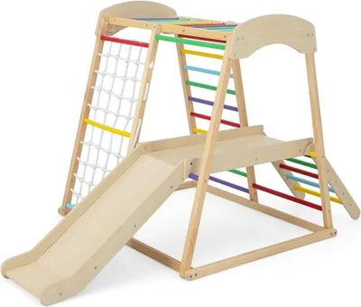 Image de Structure d'escalade intérieure en bois avec toboggan, échelle et tunnel