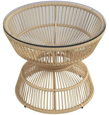 Produktbild von 60x60x50cm Beistelltisch Rattan ?60cm Couchtisch Gartentisch Mit Hartglas Tischplatte Boho Design Kaffeetisch Aus Naturholz