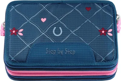 A close-up, front-facing view of a blue pencil case with pink trim and decorative elements.