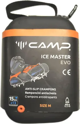 A black cylindrical case with orange accents, displaying a picture of crampons attached to a boot.
