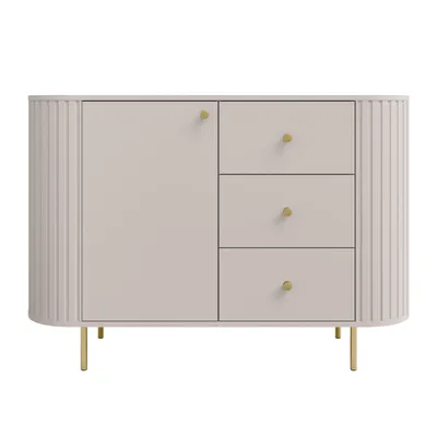 Image de AX LIVING Commode Halay beige, 1 porte et 3 tiroirs Structure rainurée moderne 123 cm