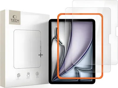 A product shot of a screen protector packaging and the screen protectors themselves, with an iPad screen shown as a visual aid.