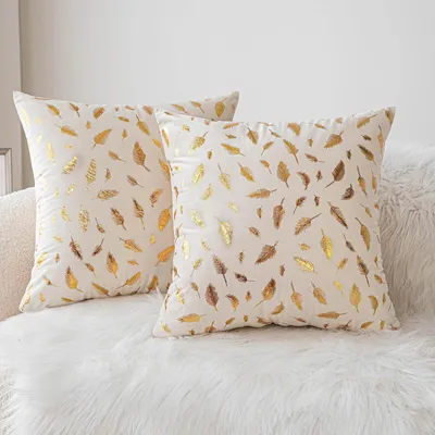 Produktbild von Set aus 2 Samt-Kissenbezug für Wohnzimmer und Bett, dekorative Kissenbezüge 45*45cm für Sofa, weiche Sofakissenbezüge für Boho-Wohnkultur (Gold)