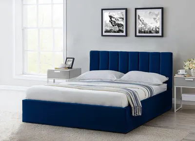 Produktbild von ExpressLOG Polsterbett Malibu, Hydrophober VELUTTO-Stoff, Erhöhter Rahmen, Bettkasten, Gasdruckfedern, Goldene Füße Gepolstertes Kopfteil 120x200x39 cm, Blau