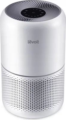 A white and gray Levoit air purifier is shown against a white background.