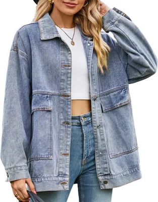 Obrázek produktu pro ASKSA Dámská džínová bunda Casual Loose Lapel Boyfriend Outwear Retro kabát s knoflíky, modrá, XL