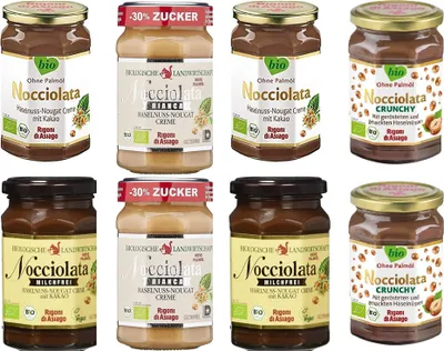 Produktbild von Rigoni di Asiago - 2x Nocciolata, 2x Milchfrei & 2x Bianca 2x Crunchy - 6x 270g + 2x 250g Haselnusscreme Nuss Nougat Creme ohne Palmöl Brotaufstrich + Italian Gourmet Polpa